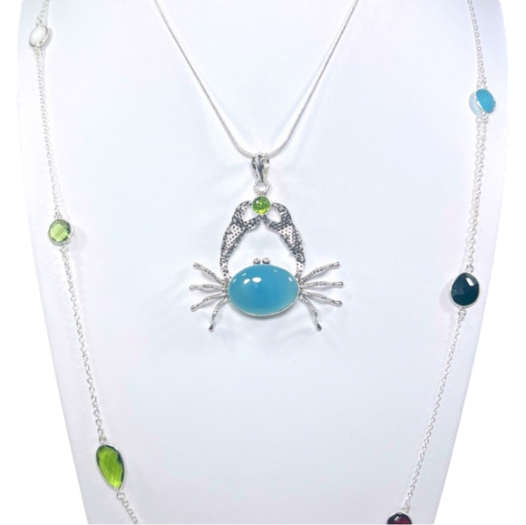 Natural Blue Chalcedony Crab 925 Pendant & Multi Stone Delicate Necklace 36” - Picture 3 of 13